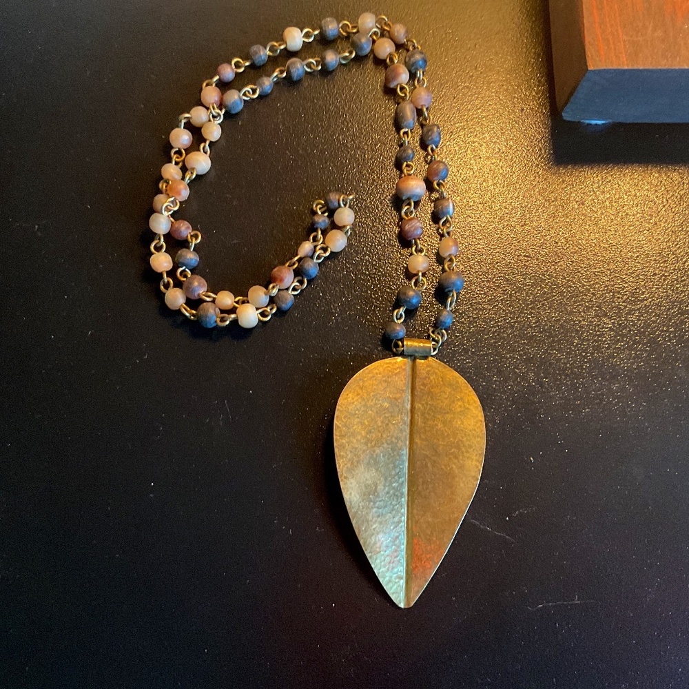 Beaded necklace with oversized brass leaf #boho#hippie#brass#unique